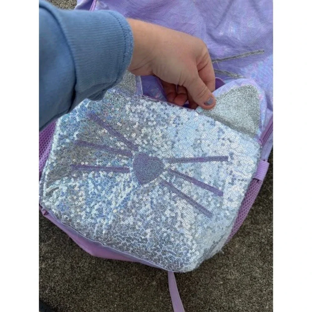 Kids Lavender Iridescent Cat Backpack Silver Sequin Heart Kitten School Bag‎